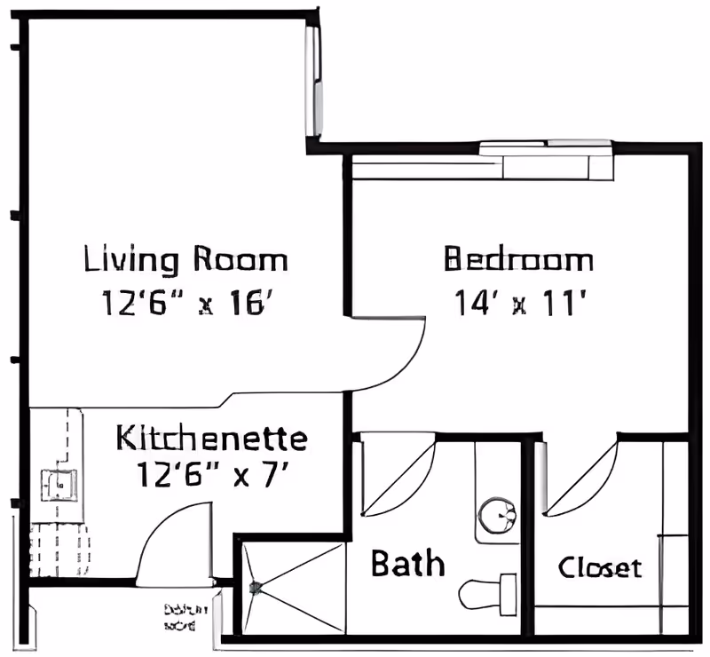 Floor plan of a living space showing a living room measuring 12 feet 6 inches by 16 feet, a kitchenette measuring 12 feet 6 inches by 7 feet, a bedroom measuring 14 feet by 11 feet, a bathroom, and a closet.
