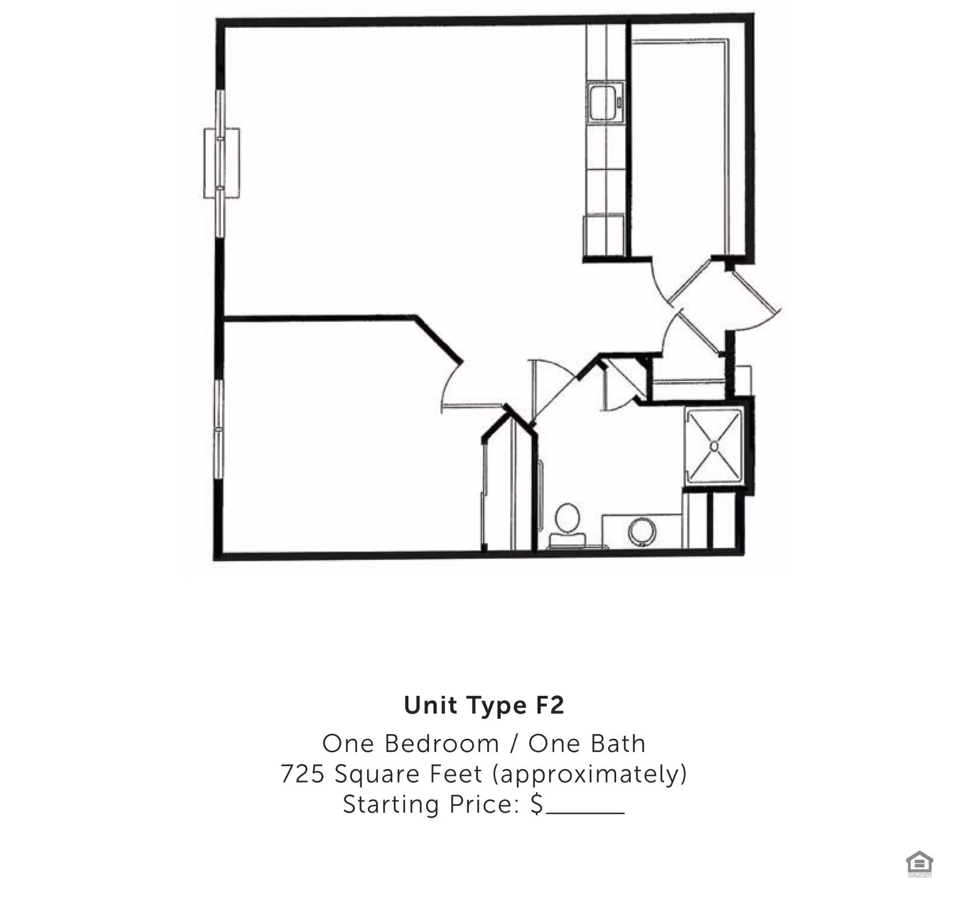 Floor plan of a one-bedroom, one-bath apartment unit type F2 with approximately 725 square feet. The layout includes a bedroom, bathroom, kitchen area, and living space.