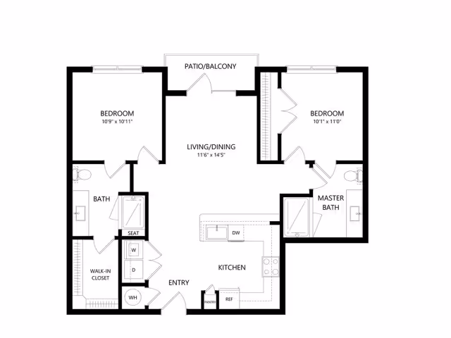 Floor plan of a two-bedroom apartment featuring an entry leading into a kitchen with pantry and refrigerator. The kitchen opens to a combined living and dining area with access to a patio or balcony. One bedroom includes a walk-in closet and a bathroom with a seat in the shower. The other bedroom has an attached master bath. Laundry area with washer and dryer is near the entry.