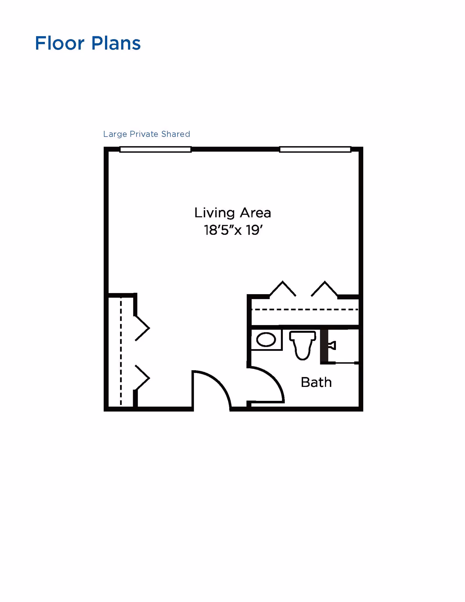 Floor plan layout of a large private shared living area measuring 18 feet 5 inches by 19 feet, including a bathroom with a toilet and sink.