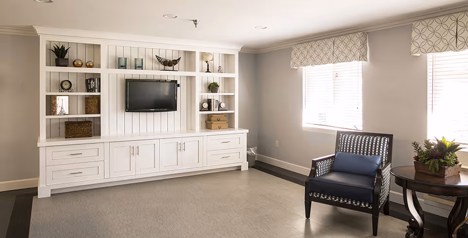 A bright and clean living room area with a white built-in shelving unit featuring a mounted flat-screen TV, decorative items, and storage cabinets. There is a single dark wooden chair with a blue cushion and a small round wooden table with a plant near two windows with patterned valances.