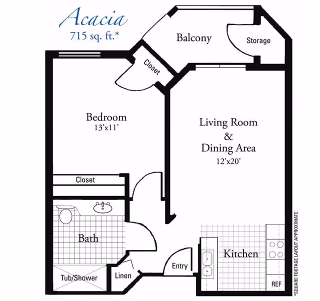 Floor plan of the Acacia unit at The Springs Of Scottsdale, showing a 715 sq. ft. layout with a bedroom (13x11), bathroom with tub/shower, linen closet, kitchen, living room and dining area (12x20), balcony, and storage space.