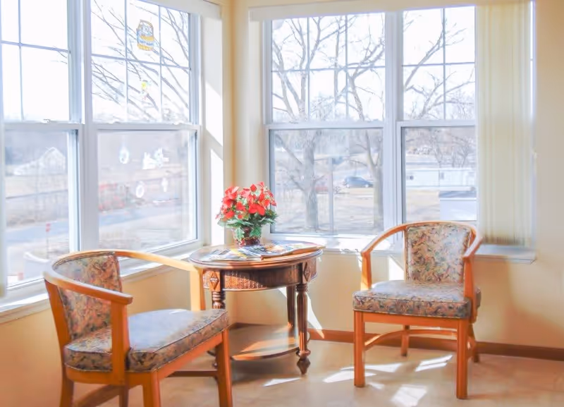 Sunlit seating area with two upholstered wooden chairs and a small round table holding a potted poinsettia in front of large windows.