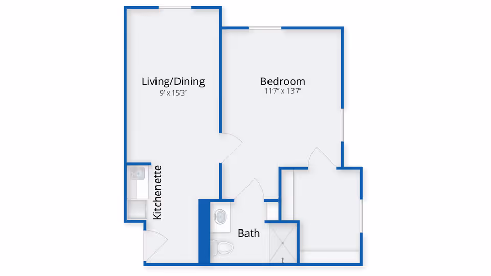 Floor plan of a senior living unit at Benchmark at Billerica Crossings showing a living/dining area, kitchenette, bedroom, and bathroom with dimensions.