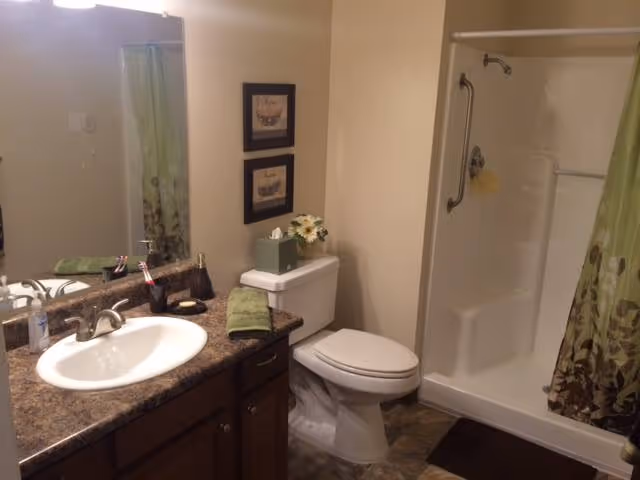 A bathroom with a white sink set in a brown granite countertop, a wooden cabinet below, a toilet with a green towel and tissue box on top, a shower with a grab bar and a green patterned shower curtain, and two framed pictures on the wall.