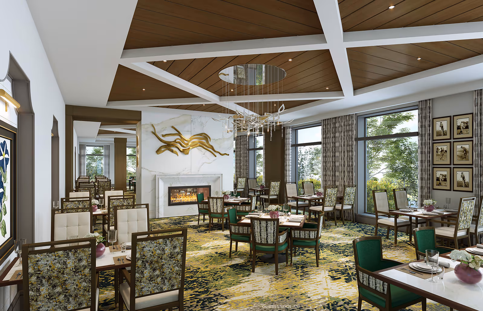 A spacious and elegant dining room with multiple tables and chairs arranged neatly. The room features large windows with patterned curtains allowing natural light to brighten the space. A modern fireplace with a white marble surround and a gold abstract wall sculpture is centrally located. The ceiling has a wooden panel design with white beams and a contemporary chandelier hanging in the middle. The carpet has a green, yellow, and black abstract pattern, and framed artwork decorates the walls.