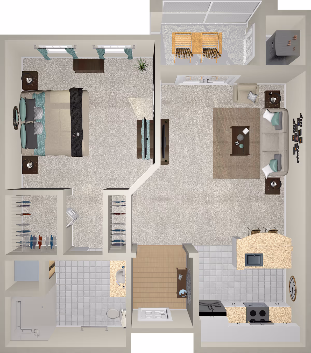 Top-down view of a senior living apartment floor plan at Addington Place of Jupiter, featuring a bedroom with a bed, nightstands, dresser, and closet; a bathroom with a shower, toilet, and sink; a living room with a sofa, armchair, coffee table, TV, and side tables; a kitchen with appliances, countertops, and a small dining bar with stools; and an outdoor patio area with seating.