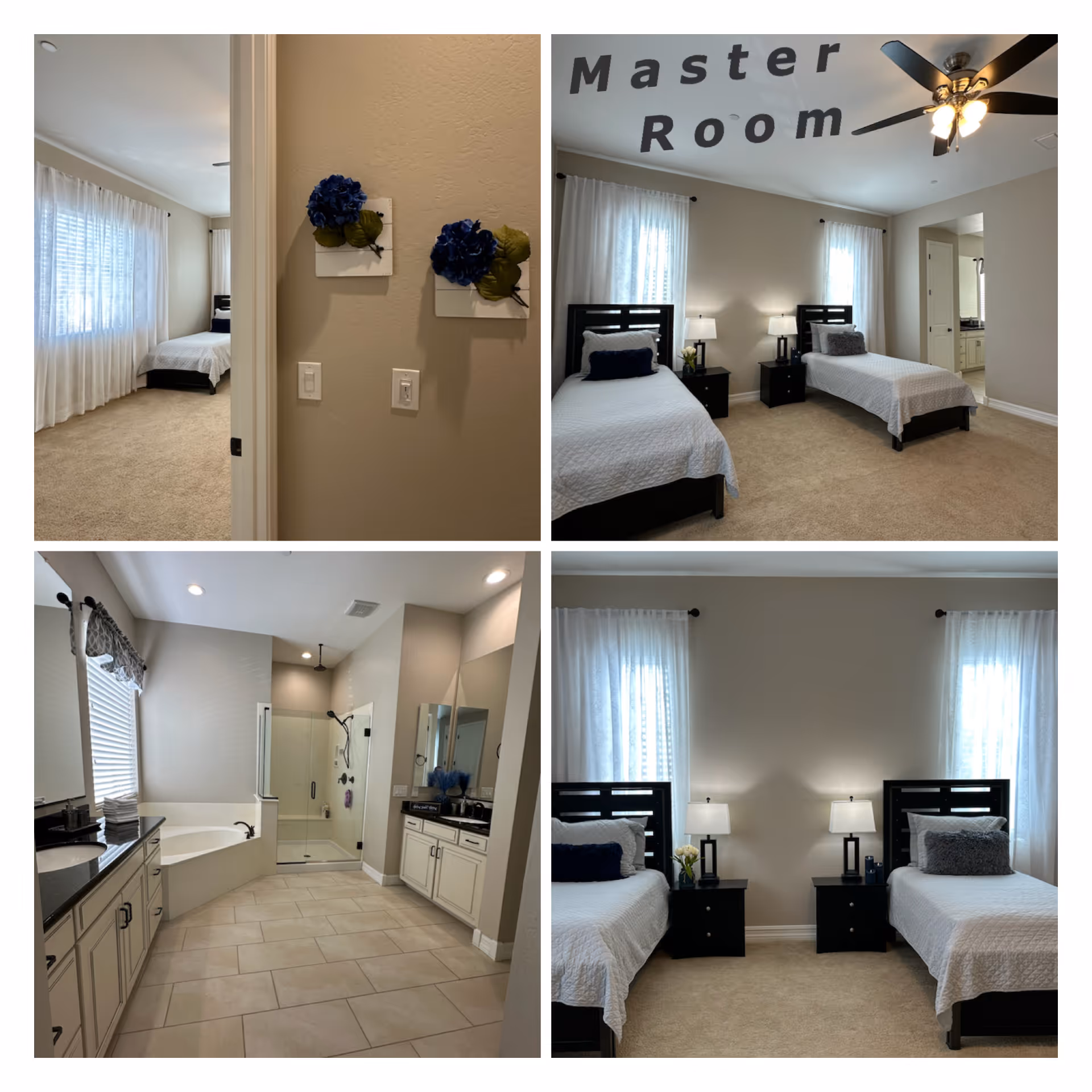 Collage of four images showing interior views of a senior living facility. The top left image shows a bedroom with a bed near a window with sheer curtains. The top right image shows a master bedroom with two twin beds, nightstands with lamps, and a ceiling fan, with the words 'Master Room' on the wall. The bottom left image shows a spacious bathroom with a bathtub, shower, double sink vanity, and tiled floor. The bottom right image shows a bedroom with two twin beds, nightstands with lamps, and windows with sheer curtains.