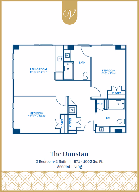 Floor plan titled "The Dunstan" showing a two-bedroom, two-bath assisted living apartment layout with labeled living room, bedrooms, closets, and baths.