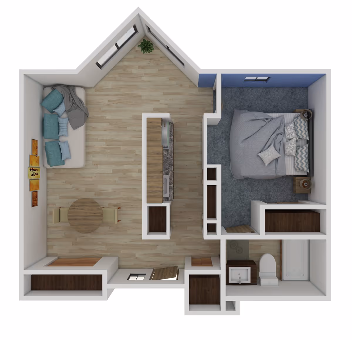 Top-down view of a one-bedroom apartment floor plan featuring a living area with a sofa, round dining table with two chairs, and a kitchen with a countertop. The bedroom has a double bed with pillows and two nightstands. The bathroom includes a bathtub, toilet, and sink. There are windows in the living area and bedroom, and a small plant in the corner of the living space.