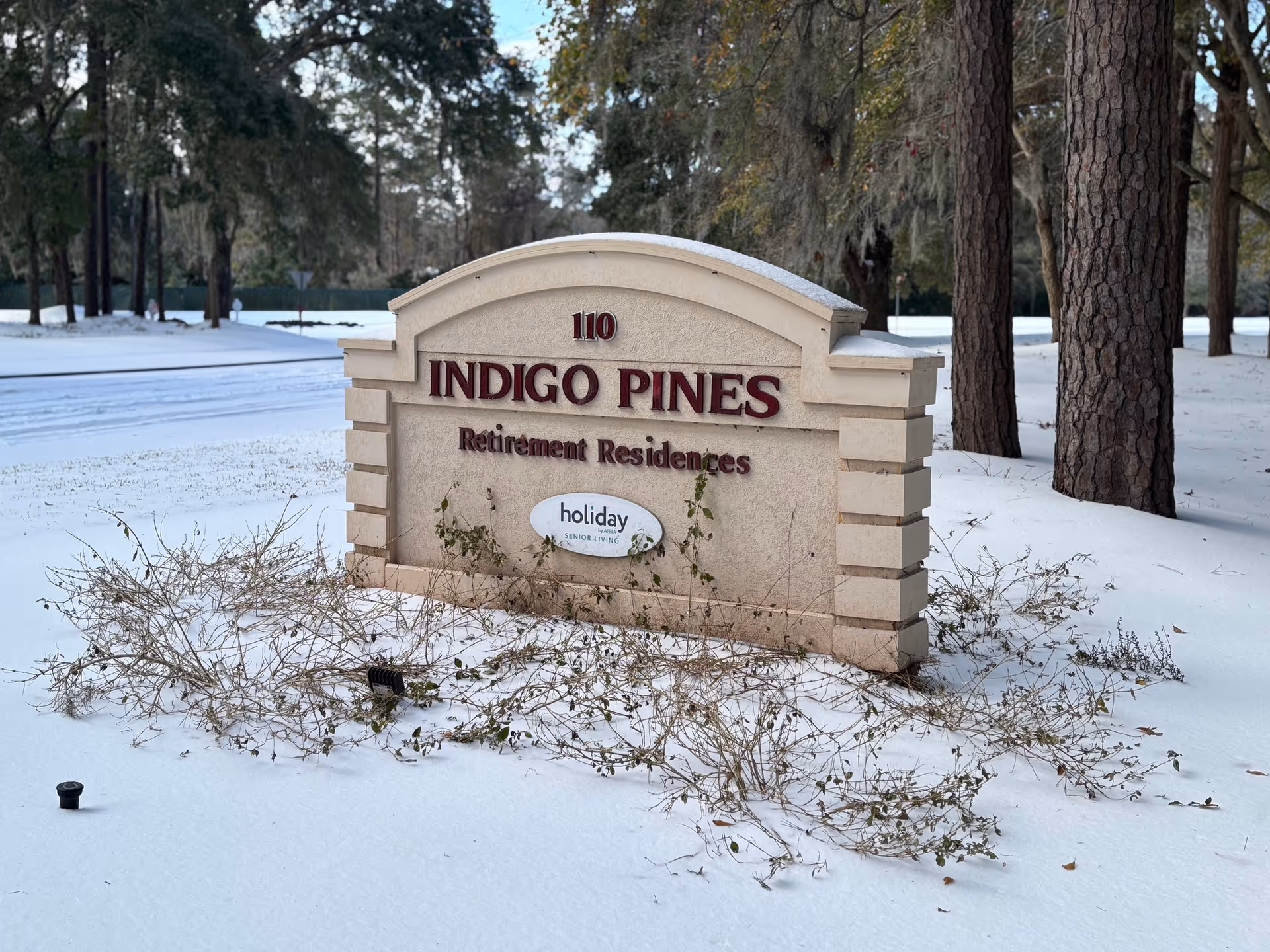 A stone sign in a snowy landscape with trees in the background. The sign reads '110 INDIGO PINES Retirement Residences' with a smaller plaque below that says 'holiday SENIOR LIVING'. There are some dry plants and snow on the ground around the sign.