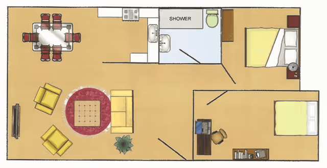 Floor plan of an apartment with two bedrooms, a bathroom with shower, a kitchen area, a dining area with a table and six chairs, and a living room with a sofa, two armchairs, a coffee table, and a TV on the wall.