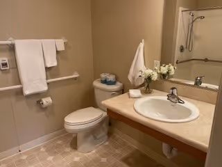 A clean and well-lit bathroom featuring a toilet with a roll of toilet paper and extra rolls on top, a sink with a faucet, a countertop with a vase of white flowers, a hand towel hanging on a hook, and a mirror above the sink. The walls are beige and the floor has a light-colored tile pattern.