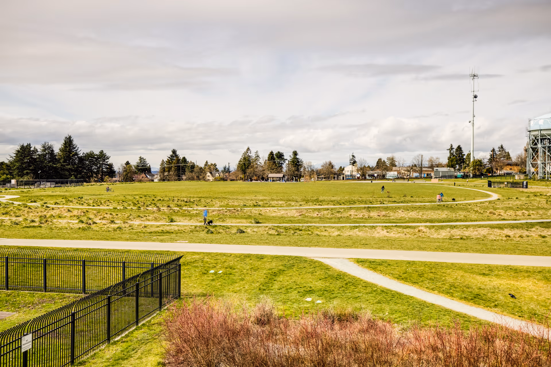 A wide open green park area with walking paths, a few people walking dogs, trees in the background, and a water tower on the right side under a partly cloudy sky.