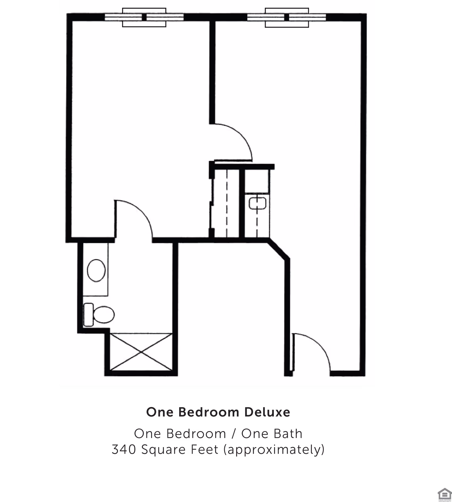 Floor plan of a one bedroom deluxe apartment with one bedroom, one bathroom, and approximately 340 square feet of space. The layout shows a bathroom with a toilet and shower, a bedroom, and a living area with a small kitchen or sink area.