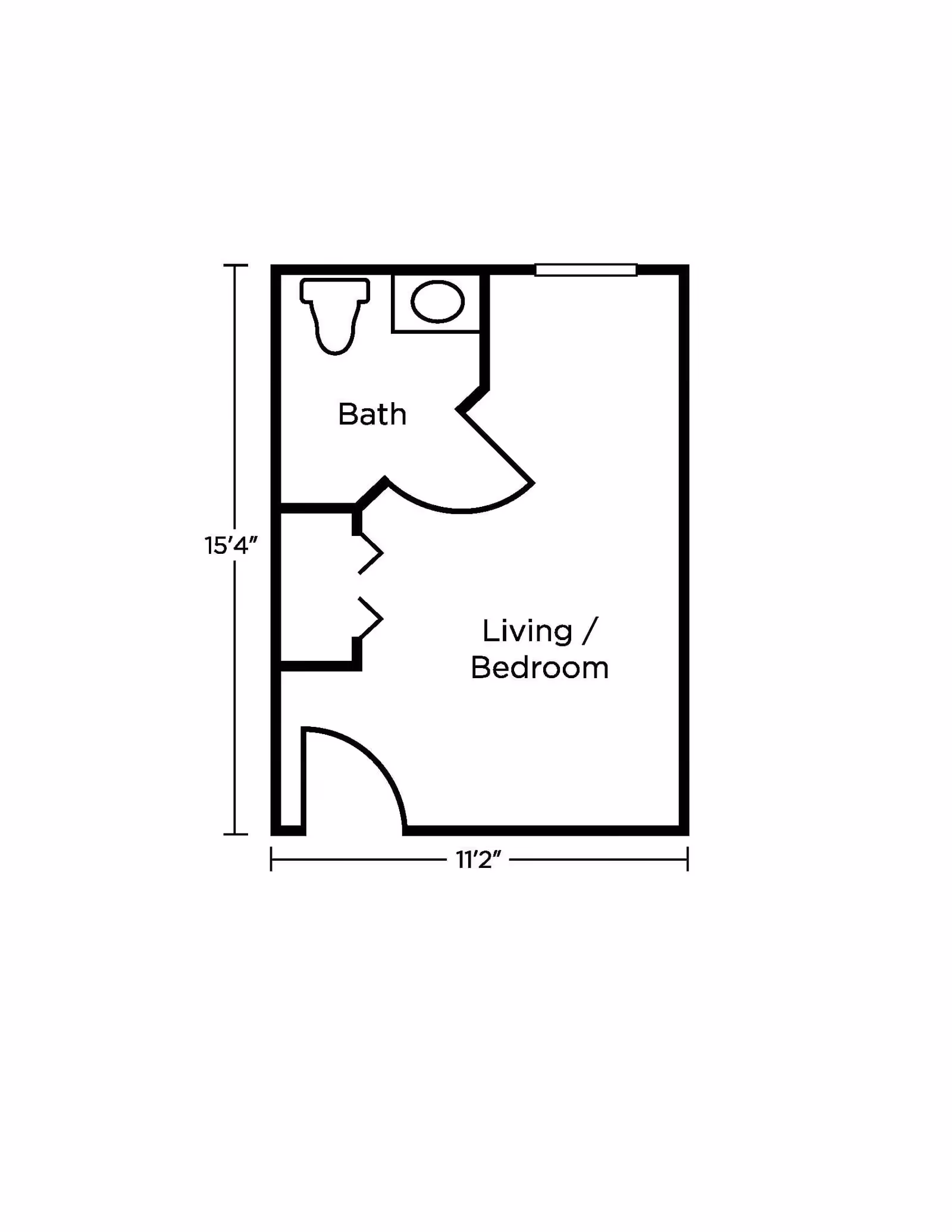 Floor plan of a small living space with a combined living and bedroom area measuring 11 feet 2 inches by 15 feet 4 inches, and a separate bathroom with a toilet and sink.