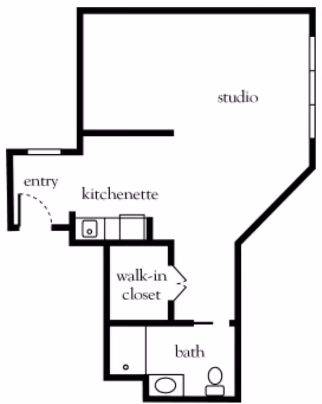 Floor plan of a studio apartment at Atria Merrimack Place showing an entry area, kitchenette, walk-in closet, bathroom, and main studio living space.