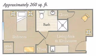 Floor plan of a senior living unit approximately 260 square feet, showing a bedroom with a bed and two nightstands, a bathroom with a toilet, sink, and shower, two closets, and a combined living area and kitchenette with a small table and chair.