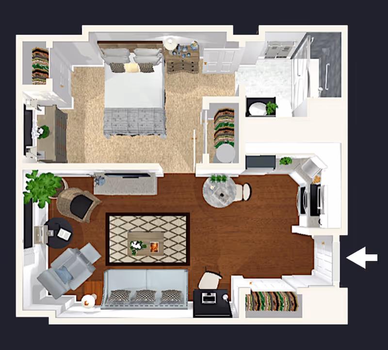 Top-down view of a one-bedroom apartment floor plan featuring a bedroom with a bed, dresser, and closet; a bathroom with a shower, sink, and toilet; a living area with a sofa, armchair, coffee table, and side tables; and a kitchen with appliances and cabinetry. The flooring transitions from carpet in the bedroom to wood in the living and kitchen areas.