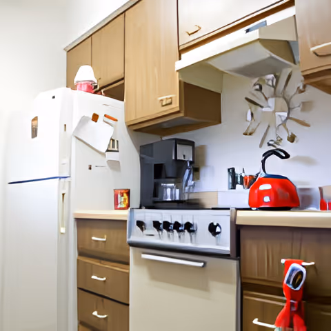 A small kitchen area featuring wooden cabinets, a white refrigerator with papers attached, a coffee maker, a stove with control knobs, and a red kettle on the countertop. A decorative sun-shaped mirror is mounted on the wall above the counter.