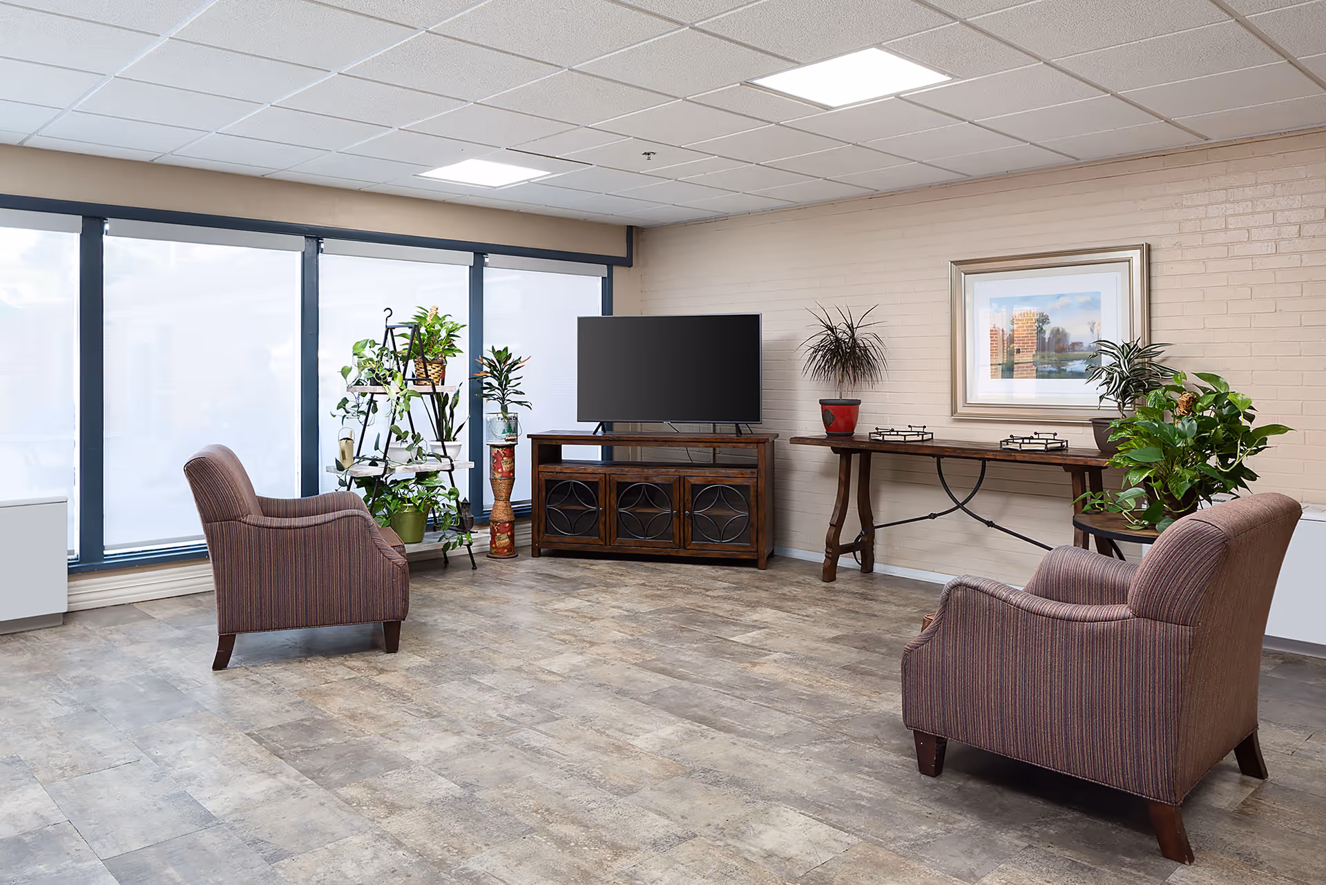 A bright sitting area with two upholstered armchairs facing a TV on a wooden console, potted plants, a side table, and large windows.