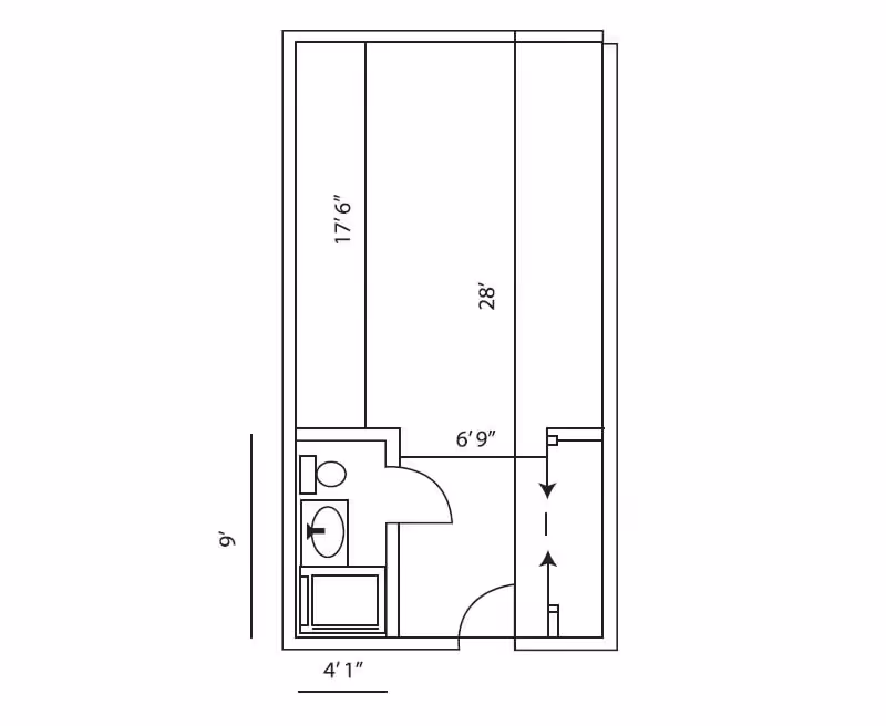 Architectural floor plan of a small room layout including a bathroom with a toilet, sink, and shower, and a larger rectangular main room with dimensions labeled.