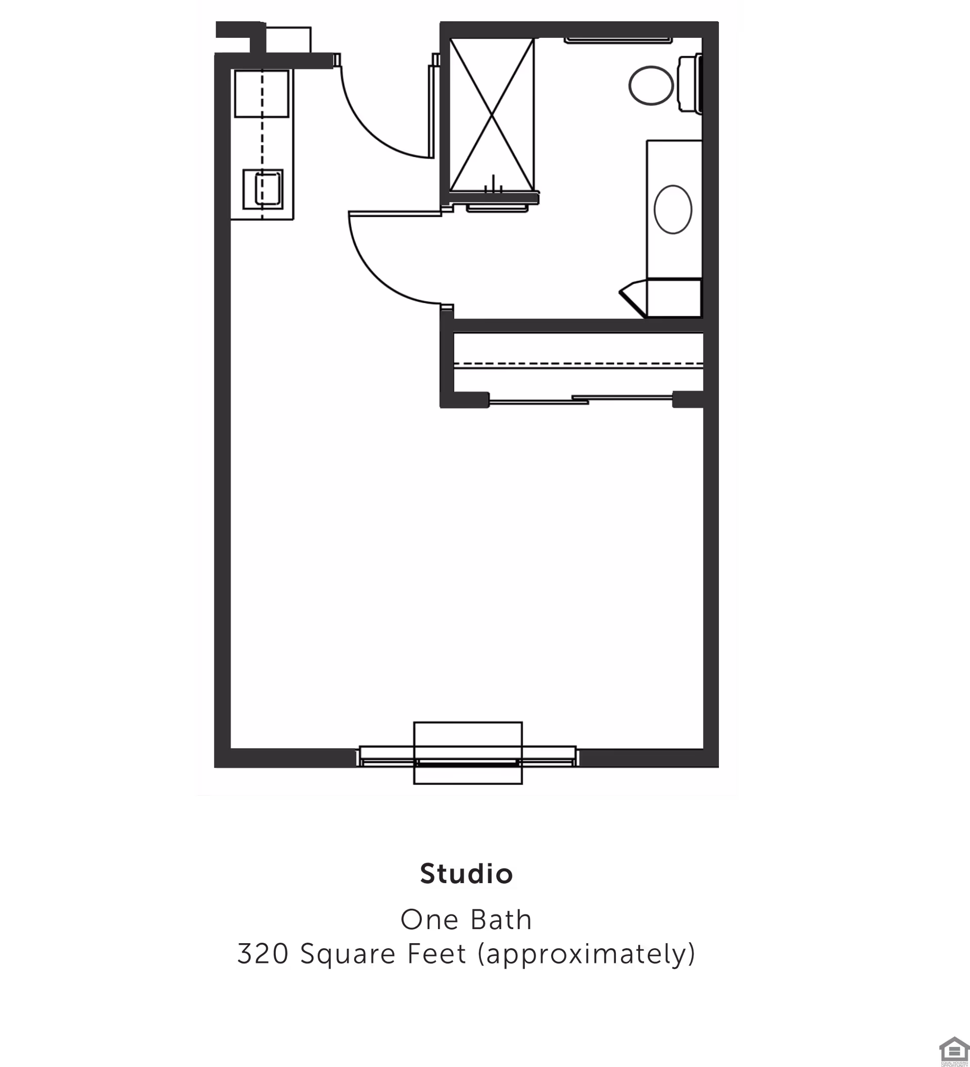 Black-and-white floor plan of a studio apartment showing a main living area, kitchenette, closet, and one bathroom with fixtures, labeled 'Studio One Bath 320 Square Feet (approximately)'.