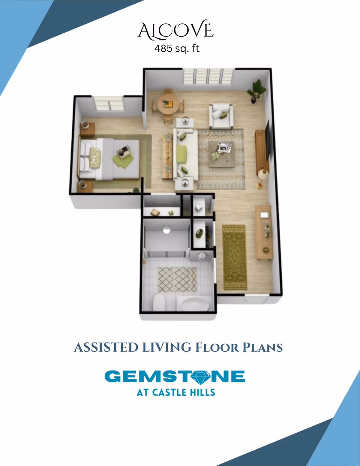 3D floor plan of an alcove assisted living apartment at Gemstone Senior Living at Castle Hills, showing a bedroom, living room with seating and dining area, bathroom, and entryway, covering 485 square feet.