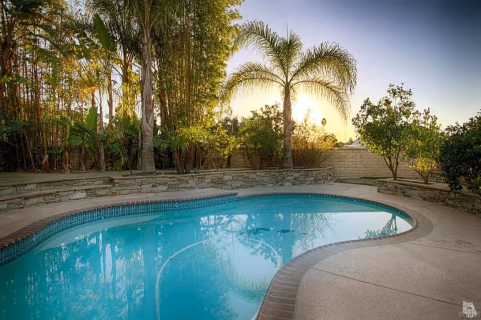 Outdoor swimming pool surrounded by a concrete deck with a stone retaining wall and various trees and plants, including palm trees, in the background during sunset.