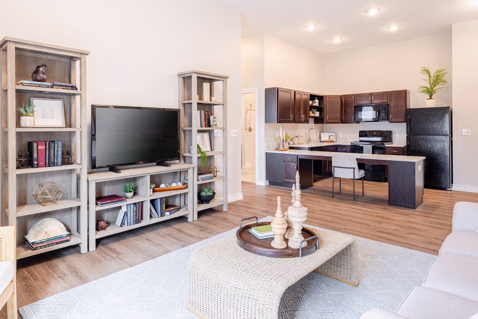 Bright and modern open-concept living room and kitchen area featuring light wood flooring, a large flat-screen TV on a wooden entertainment center flanked by two tall bookshelves, a woven coffee table with decorative items, a light-colored sofa, and a kitchen with dark wood cabinets, black appliances, and a breakfast bar with a chair.