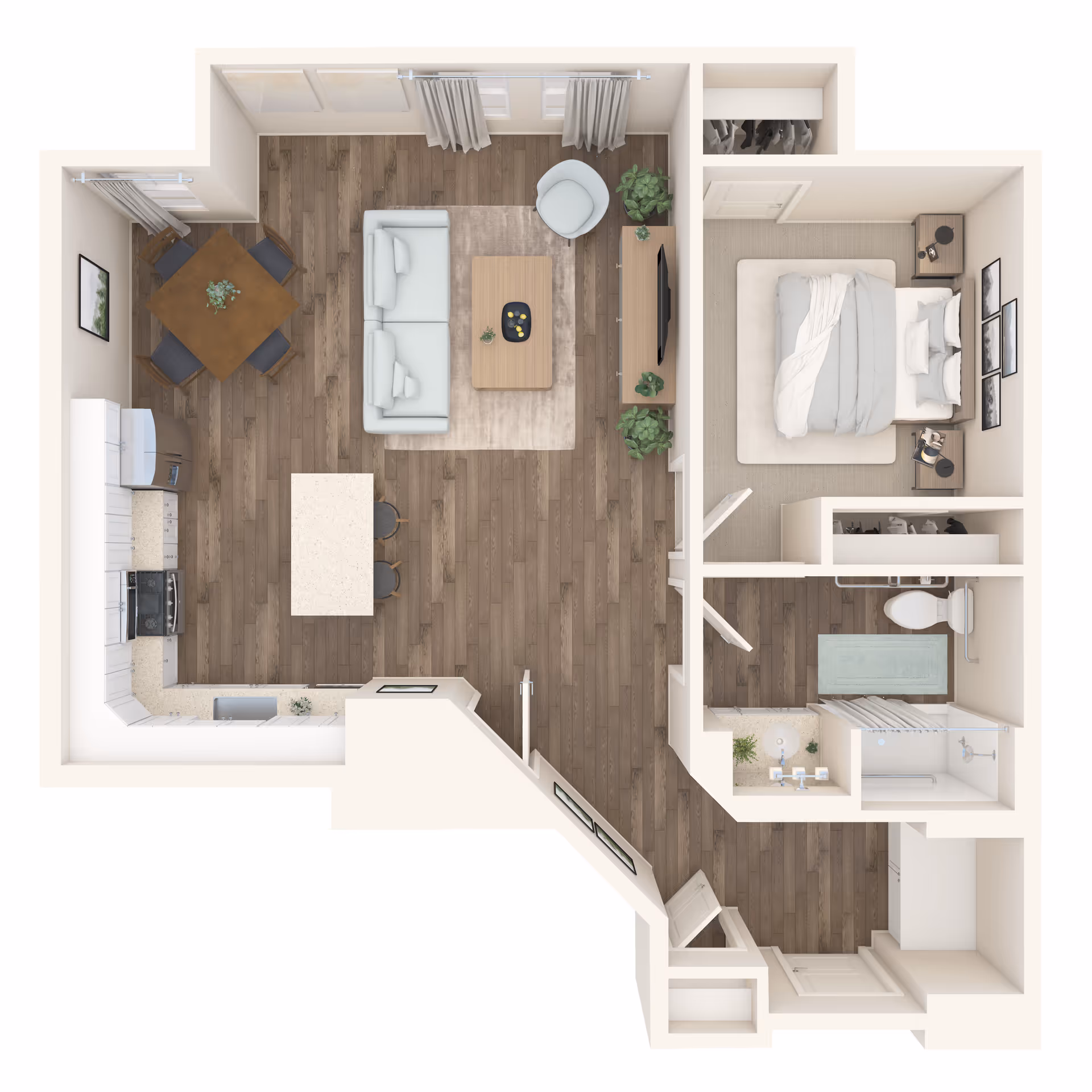 Top-down view of a one-bedroom apartment floor plan featuring a kitchen with appliances and an island, a dining area with a table and four chairs, a living room with a sofa, armchair, coffee table, and TV, a bedroom with a bed and nightstands, and a bathroom with a shower, toilet, and sink.