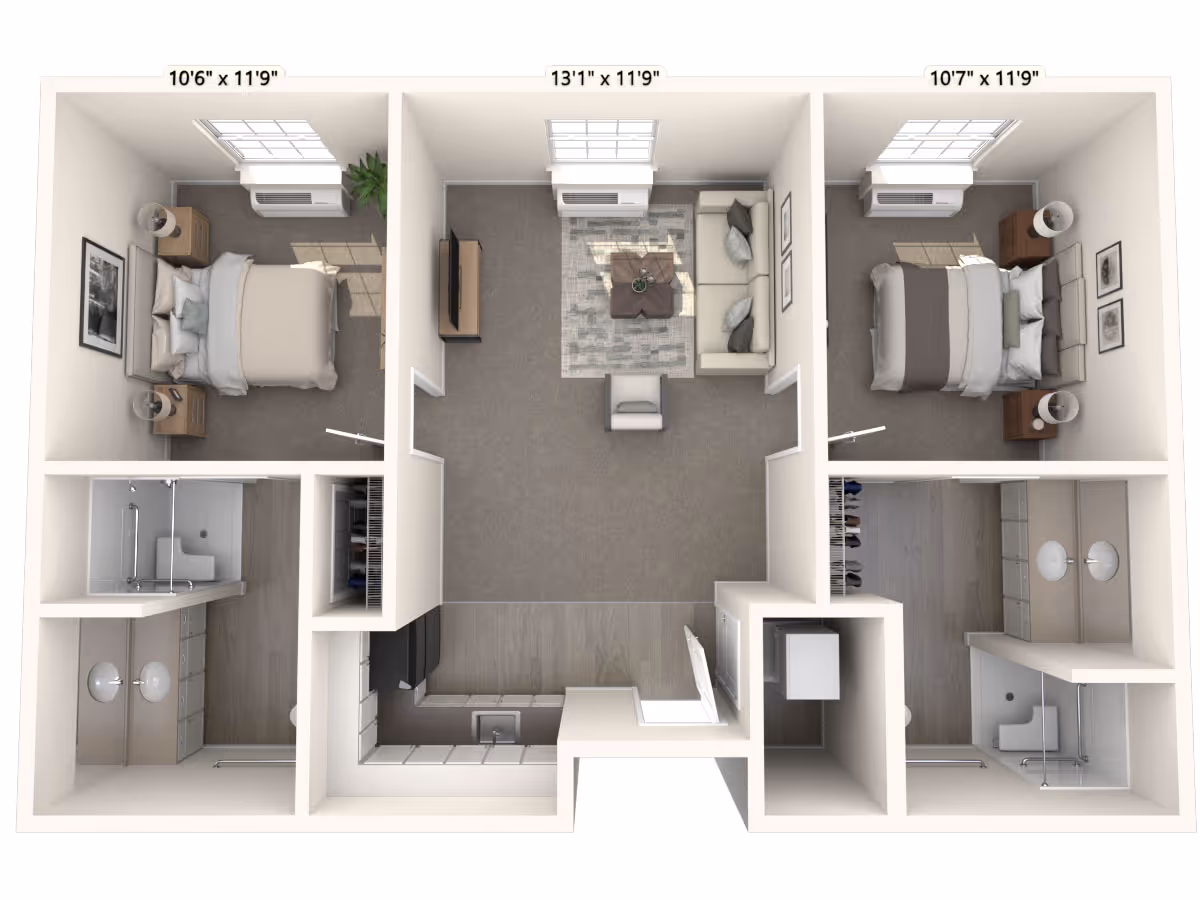 3D floor plan rendering of a two‑bedroom apartment with a central living room, kitchen and two bathrooms.