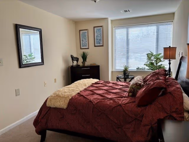 A bedroom with a bed covered in a red comforter and pillows, a beige throw blanket at the foot of the bed, a dark wooden dresser with decorative items including a horse figurine and a plant, two framed pictures on the wall, a large window with blinds letting in natural light, a small round table with a plant, a floor lamp, and a wall mirror reflecting part of the room.