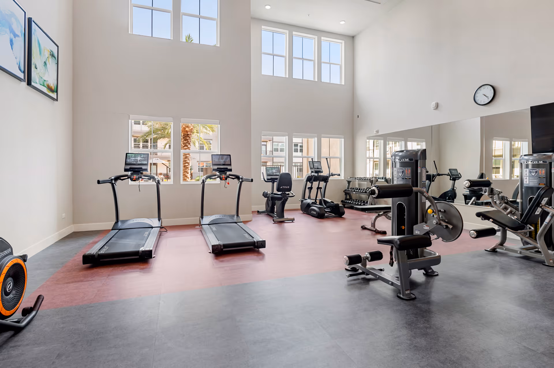 Bright and spacious fitness room with large windows allowing natural light. The room contains two treadmills, a recumbent bike, elliptical machines, weight machines, and a rack of dumbbells. There are mirrors on one wall and a clock above them.