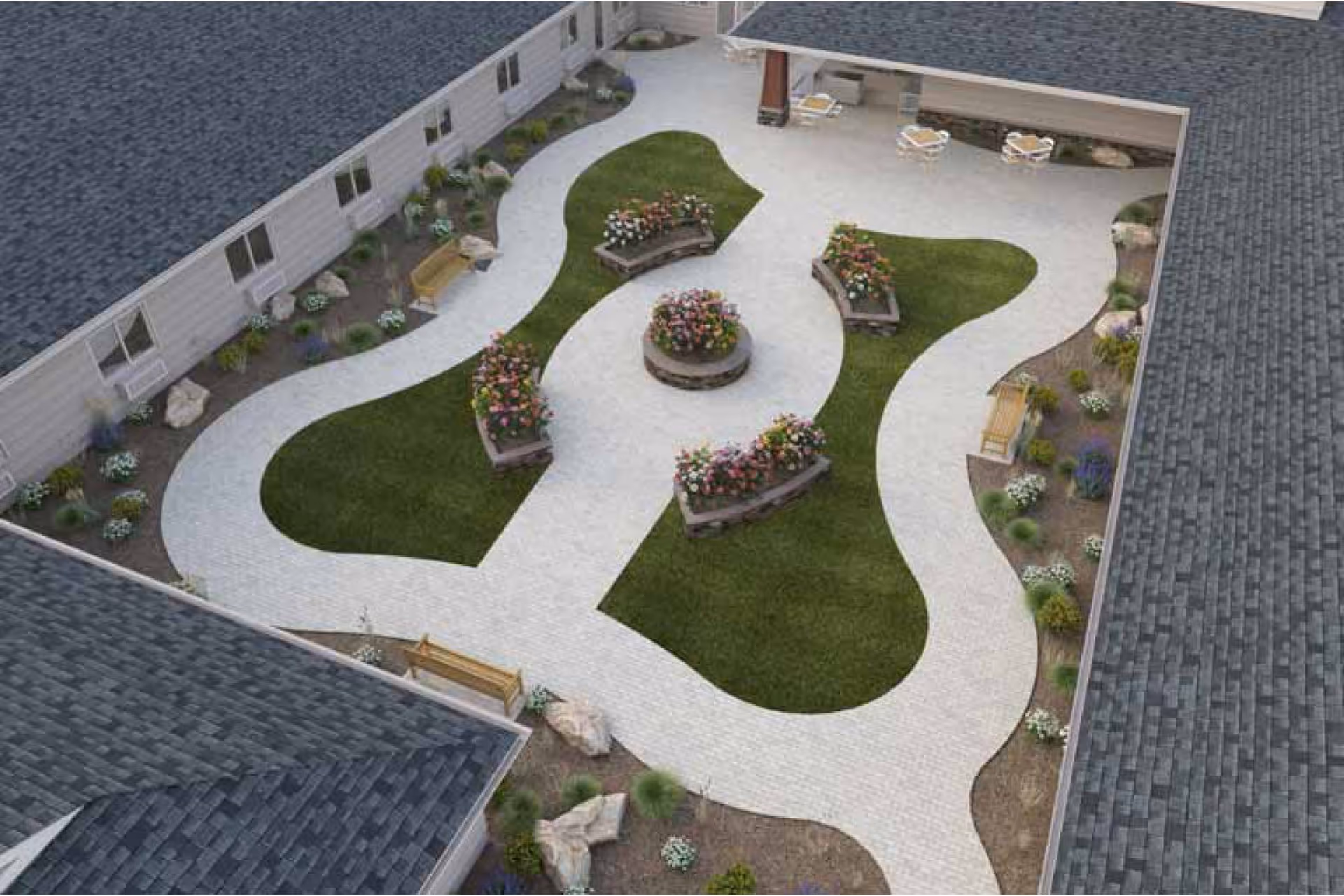 Aerial view of an enclosed senior living courtyard with winding paved paths, grassy islands, raised flower beds, and benches surrounded by building roofs.
