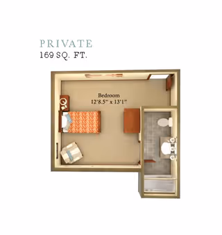 Floor plan of a private 169 square feet senior living unit featuring a bedroom measuring 12 feet 8.5 inches by 13 feet 1 inch, furnished with a bed, chair, and dresser, and an attached bathroom with a toilet, sink, and shower.