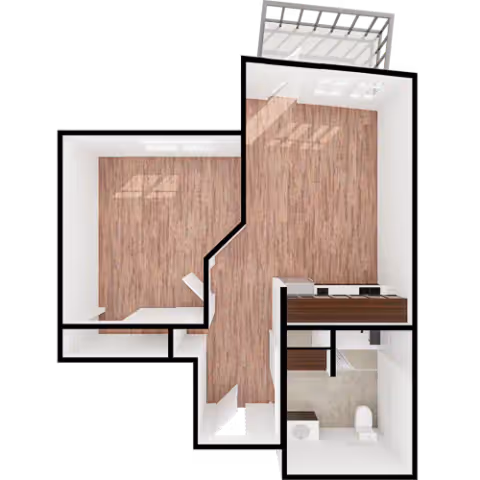 Top-down 3D rendered floor plan showing rooms with wood flooring, a bathroom, and a small balcony.