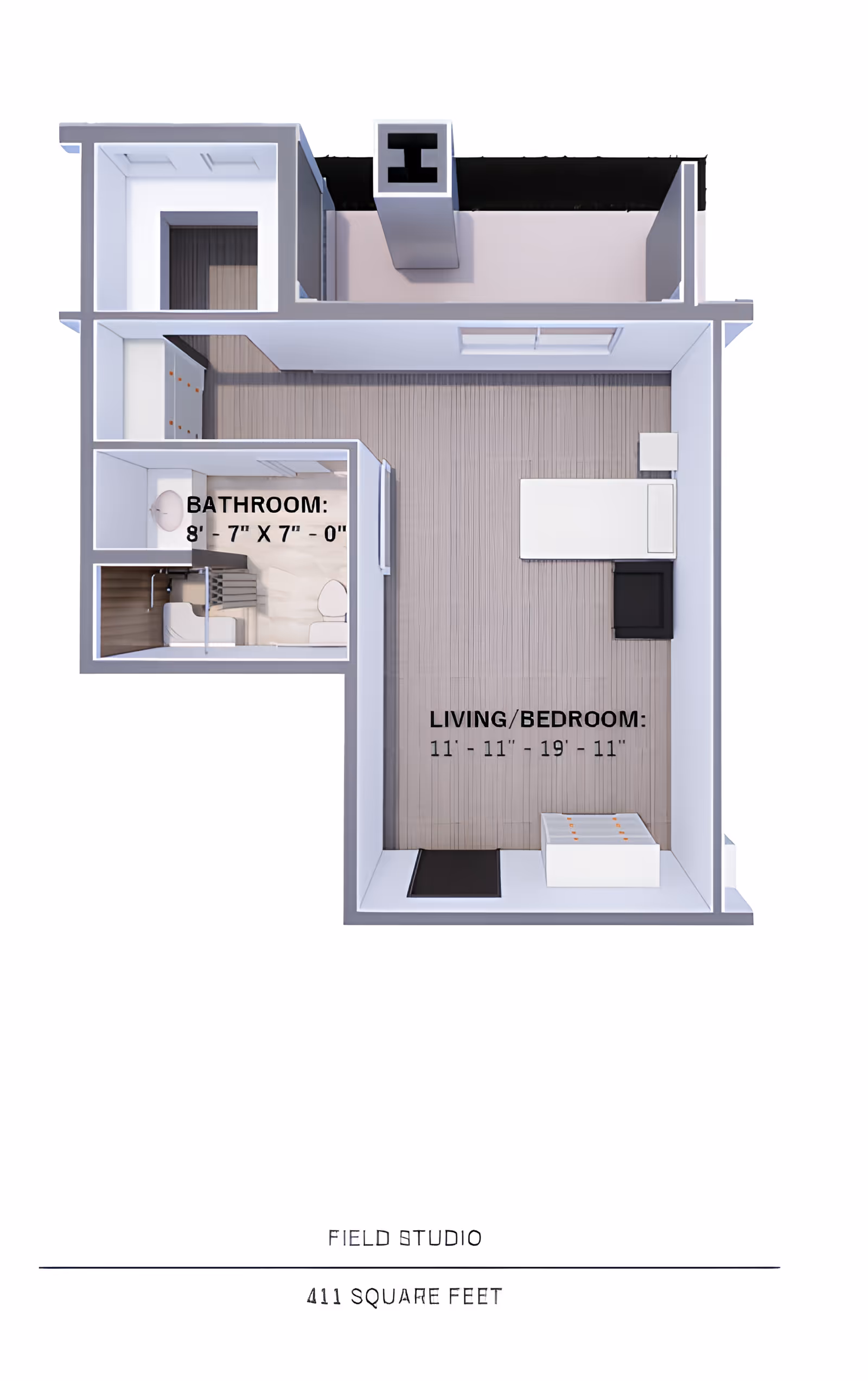 Top-down floor plan of a 411 sq ft studio showing a labeled bathroom and combined living/bedroom area with furniture.