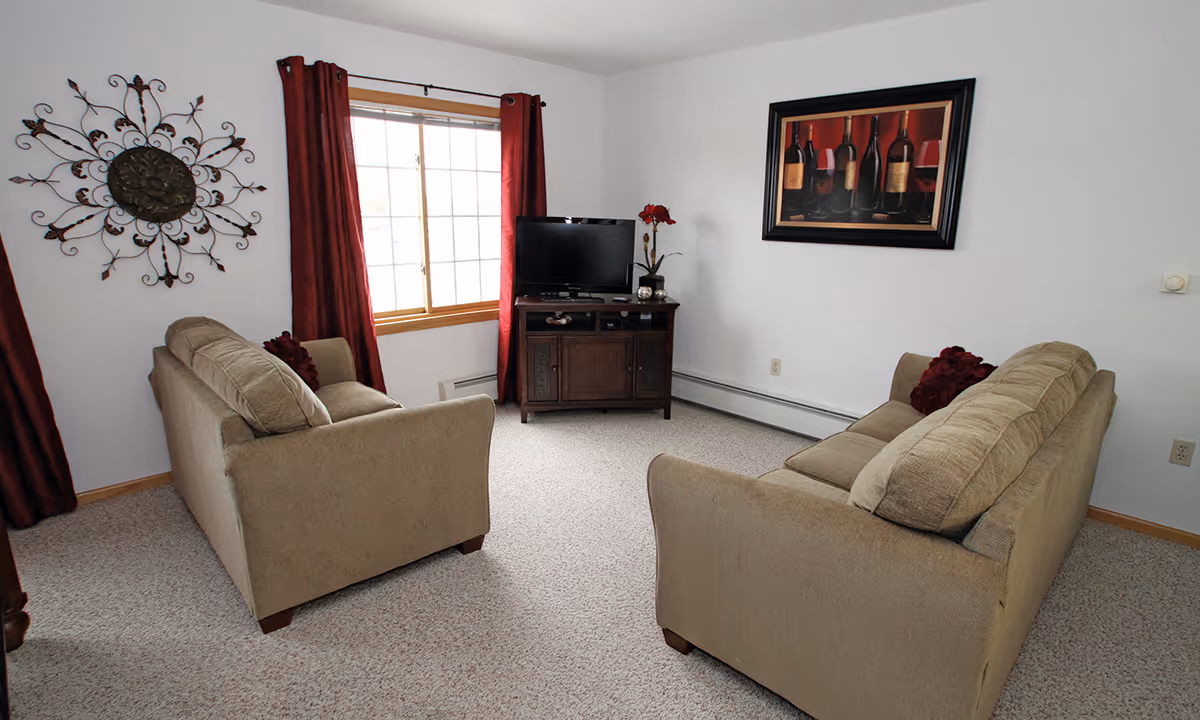 A living room with two beige sofas facing each other, a wooden TV stand with a flat-screen TV, a window with red curtains, a decorative wall piece, and a framed picture of wine bottles on the wall.