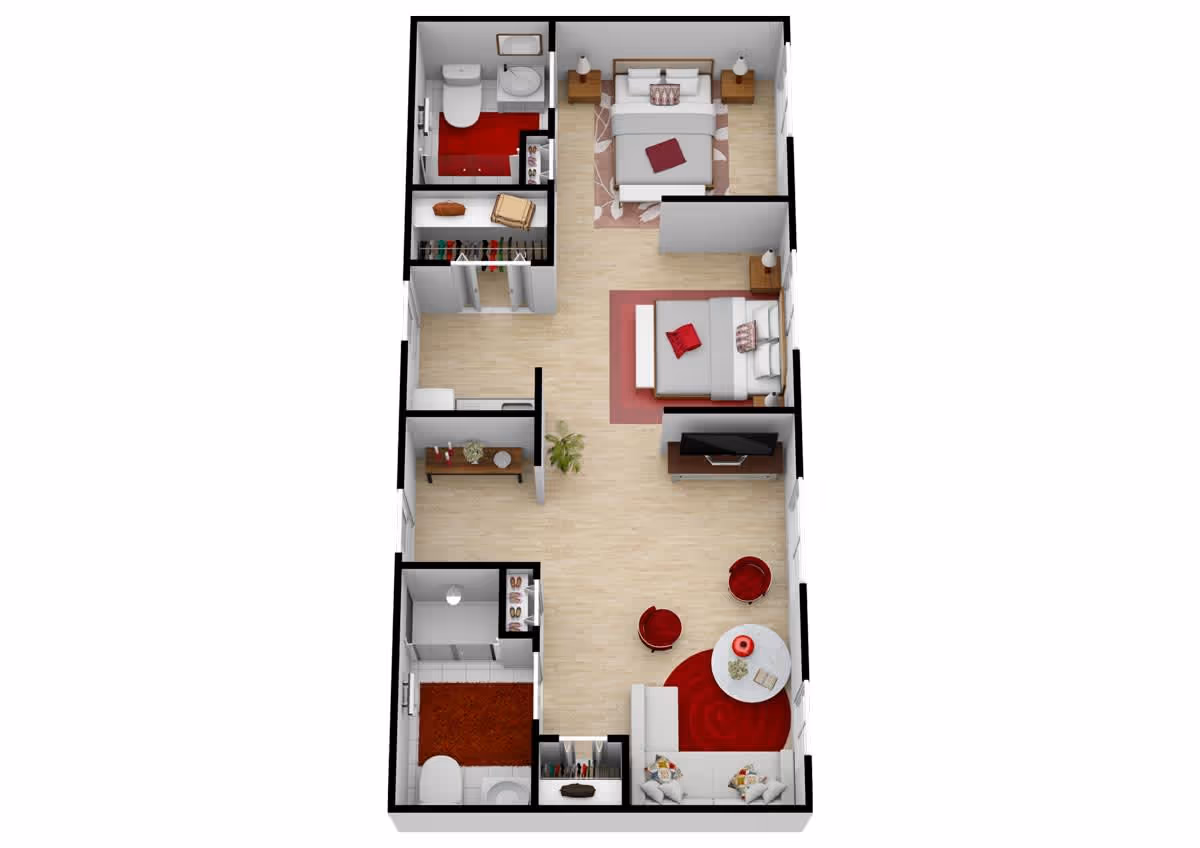 3D floor plan of a senior living apartment at Parmer Woods at North Austin showing two bedrooms, a living room with seating and a round table, a kitchen, and two bathrooms. The layout includes furniture such as beds, chairs, a TV, and storage spaces.