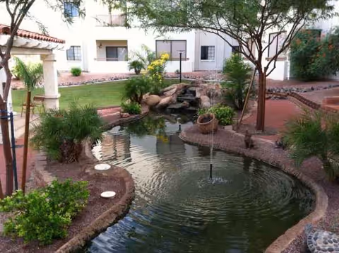 Serene outdoor courtyard featuring a circular pond, rocks, trees, and walking paths at Fellowship Square Mesa.