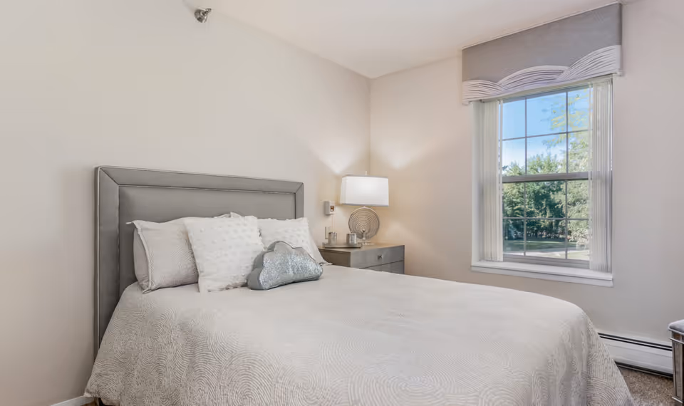Bright neutral bedroom with a made bed, decorative pillows, a nightstand with a lamp, and a window showing trees outside.