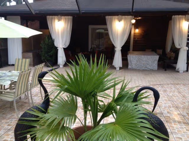Outdoor tiled patio with a potted palm and two black bird sculptures in the foreground and a covered seating area with white curtains and lights in the background.