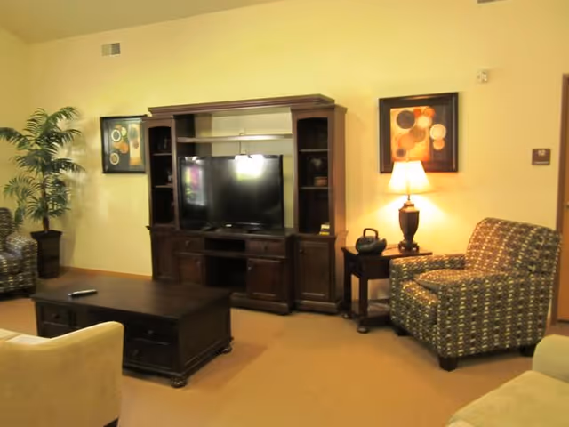 A cozy living room area with a dark wooden entertainment center holding a flat-screen TV, a patterned armchair next to a small side table with a lamp, a coffee table in front, and a potted plant in the corner. The walls are light yellow with framed abstract artwork.