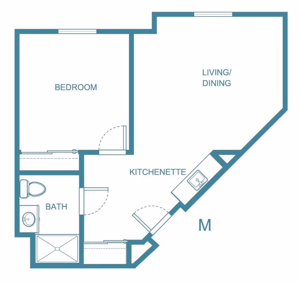 Floor plan layout of a senior living unit at Holiday Niagara Village showing a bedroom, bath, kitchenette, and living/dining area.