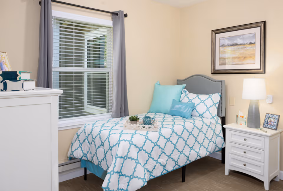 A neatly made single bed with a blue and white patterned comforter and multiple pillows in shades of blue in a cozy bedroom. Next to the bed is a white nightstand with a lamp, a framed photo, and a box of tissues. A window with gray curtains is on the left wall, and a framed landscape painting hangs above the bed.