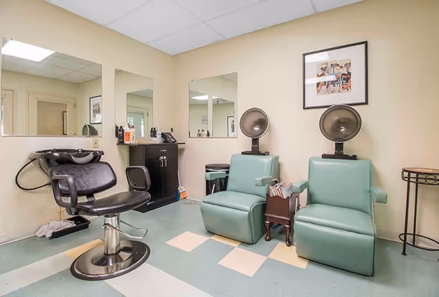 Interior of a hair salon area with two green salon chairs equipped with hair dryers, a black salon chair in front of a washing station, mirrors on the walls, a cabinet with hair products, and a framed picture on the wall.