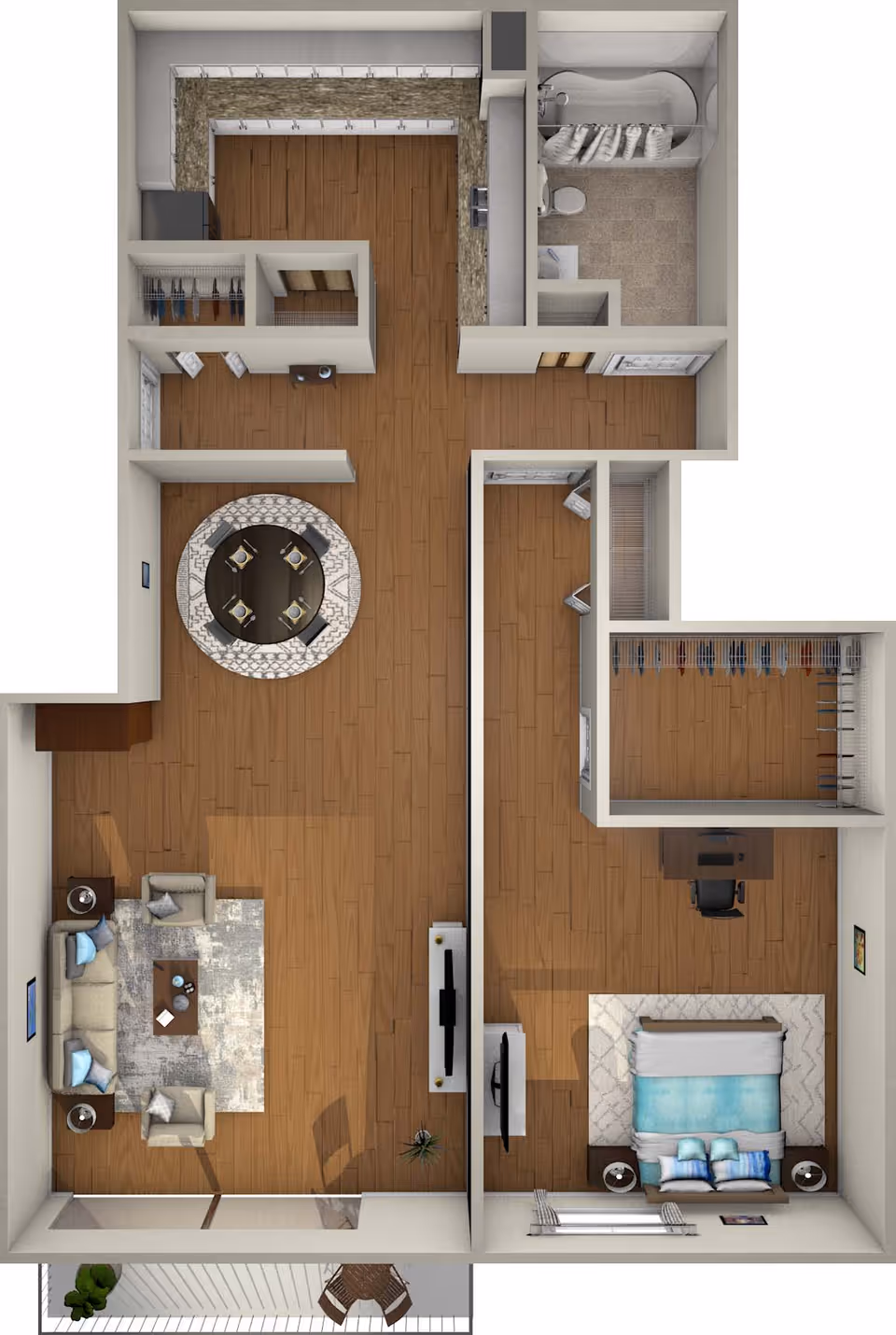 Top-down floor plan of a one-bedroom apartment showing a living room, dining area, kitchen, bedroom, bathroom, closets, and a balcony.