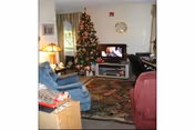 A cozy living room decorated for Christmas with a decorated Christmas tree, a television showing a fireplace scene, a blue armchair, a red recliner, a wooden side table with a lamp, and a patterned rug on the floor.