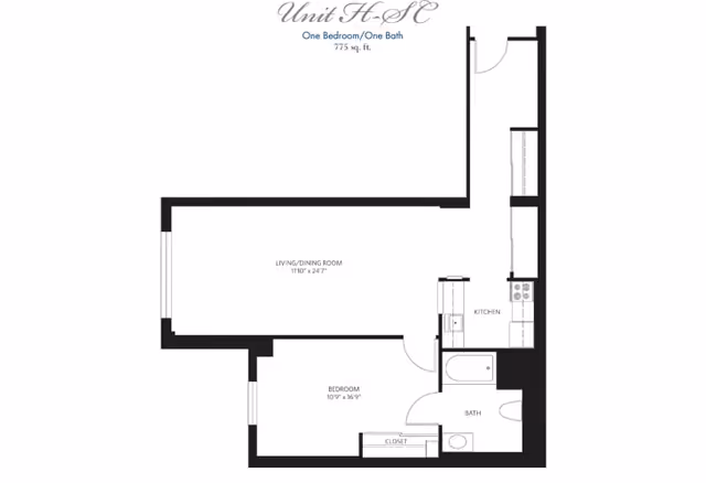Floor plan of Unit H-SC, a one bedroom, one bath apartment with 775 square feet. The layout includes a living/dining room, kitchen, bedroom with closet, and bathroom.